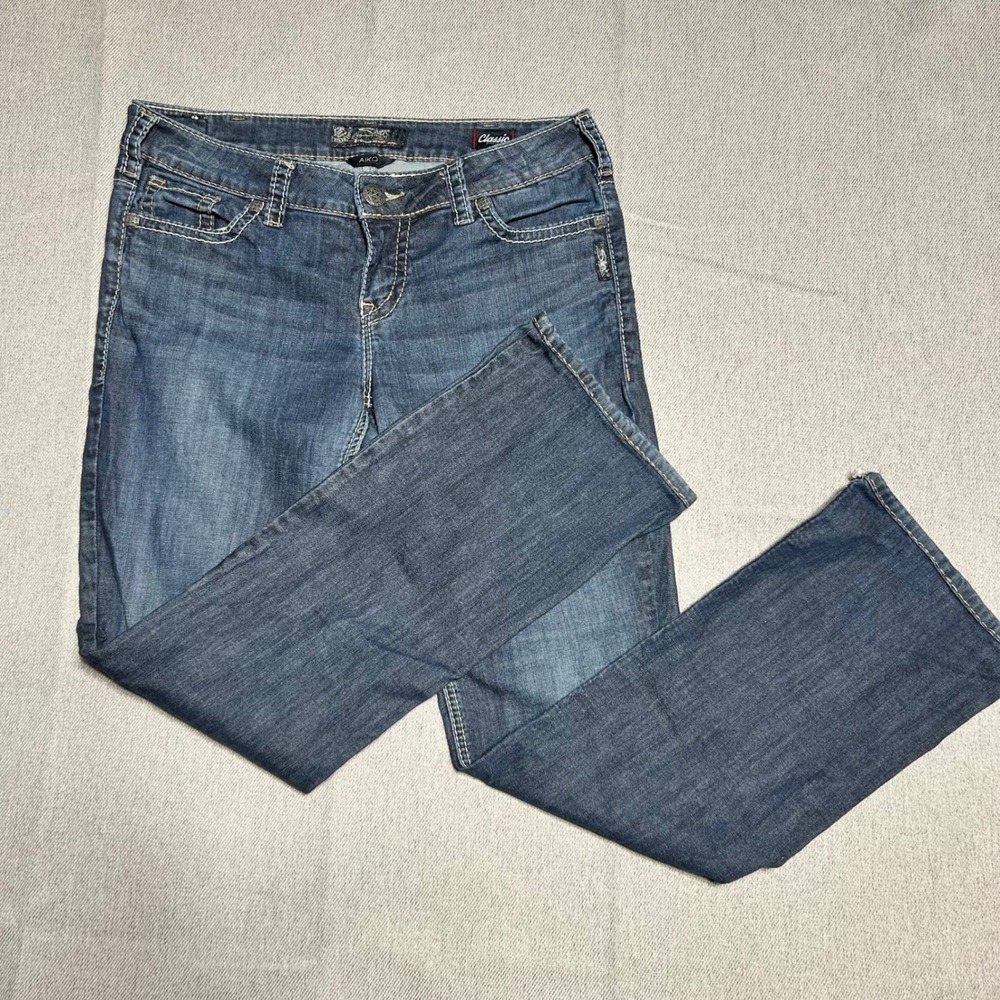 Silver Jeans Co Women Aiko Mid Slim Boot W31 L33 Blue Denim Stretch Frayed Hem